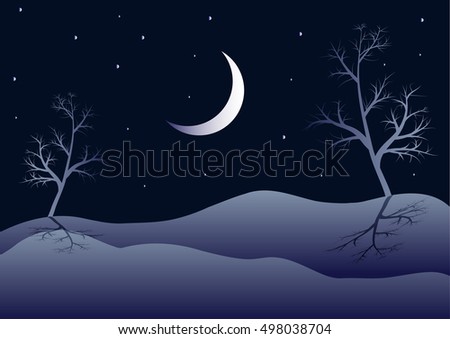 Christmas landscape background with moon, snow hills, stars and trees