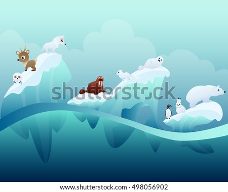 Arctic winter landscape with animals. Vector illustration