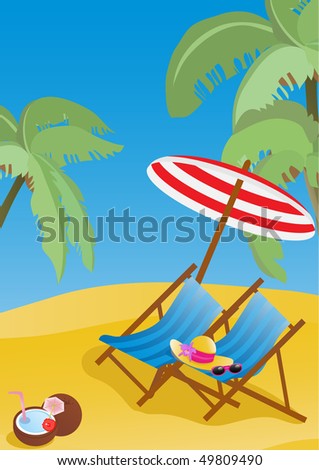 Vector illustration of lounge chaises with umbrella on the beach