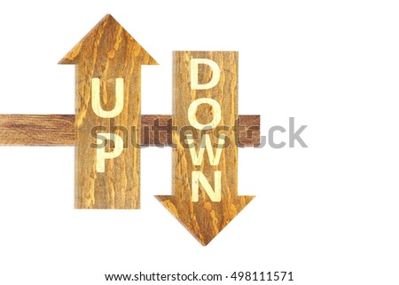 up and down text on wooden arrow in white background 