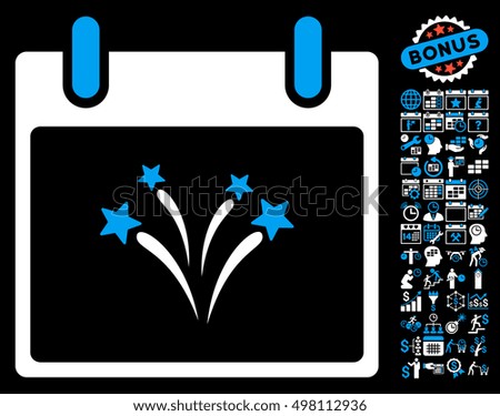 Fireworks Calendar Day icon with bonus calendar and time management pictograph collection. Glyph illustration style is flat iconic symbols, blue and white, black background.