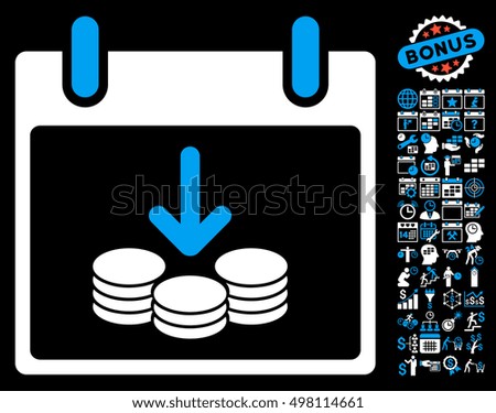 Coins Income Calendar Day icon with bonus calendar and time management clip art. Glyph illustration style is flat iconic symbols, blue and white, black background.