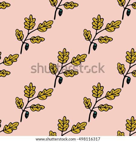 Seamless pattern with hand drawn autumn oak leaves, branches and acorns. Doodle colorful autumn background. Cute infinity wrapping paper. Vector illustration.