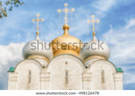 Defocused background with view of the Novodevichy Convent, Moscow, Russia. Intentionally blurred post production for bokeh effect