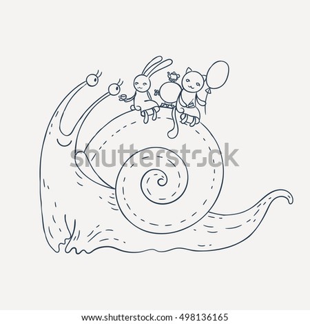 Smiling snail with bunny and kitten on his back. Hilarious tea. Coloring page. Vector illustration.