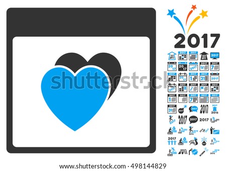Hearts Calendar Page icon with bonus calendar and time management clip art. Vector illustration style is flat iconic symbols, blue and gray colors, white background.