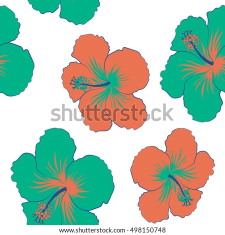 Vector hibiscus flowers and buds retro seamless pattern illustration in brown and green colors on white background.