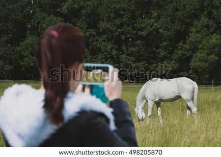 Blurred girl on foreground holding smartphone and making picture of gorgeous horse outdoors.