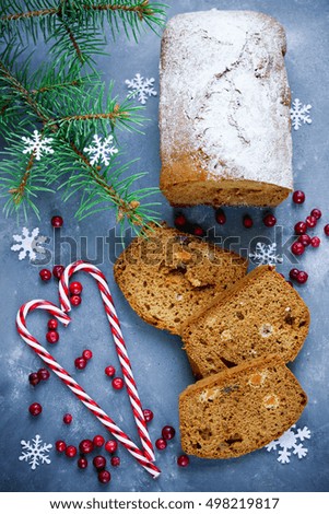 Christmas honey cake on table with festive decorations, winter holiday recipe