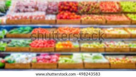 Defocused blur of supermarket fruits and vegetables products. Blur background with bokeh. Vegan food and healthy lifestyle concept. Defocused image