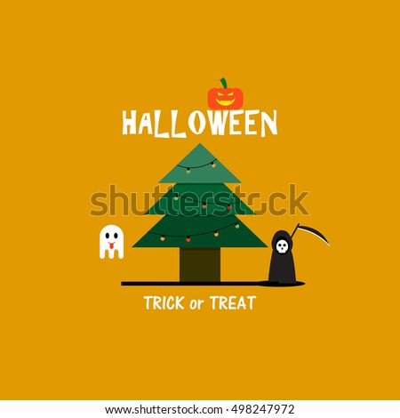 vector illustration of cute cartoon ghost and halloween pumpkin