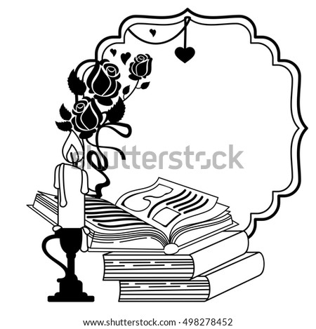 Contour frame with roses, books and candlestick. Raster clip art.