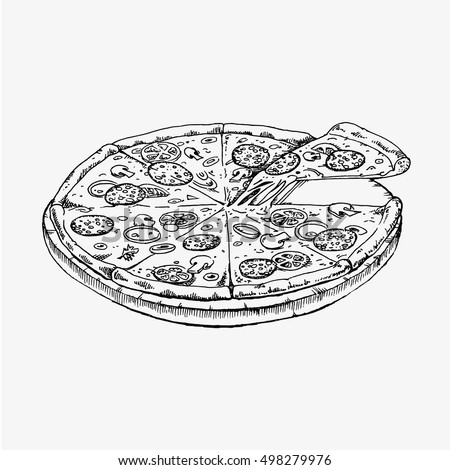Pizza isolated on white background. Pizza food vector flat illustration. Black and white whiteboard drawing. Pizza icon, pizza illustration, pizza vector, pizza isolated, pizza menu, pizza fast food