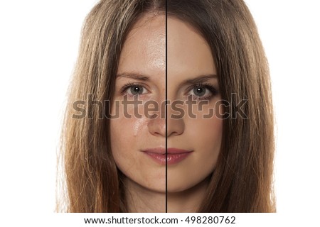 comparative portrait of women with and without makeup Royalty-Free Stock Photo #498280762