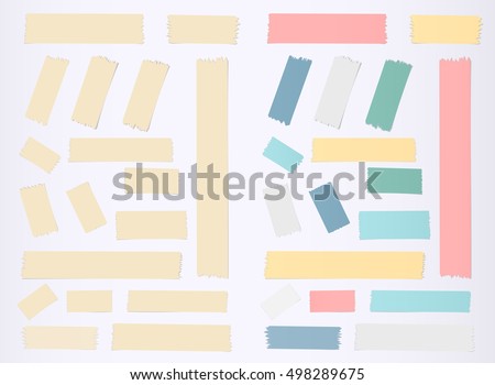 Brown, colorful horizontal and vertical masking, sticky tape pieces on grey background Royalty-Free Stock Photo #498289675
