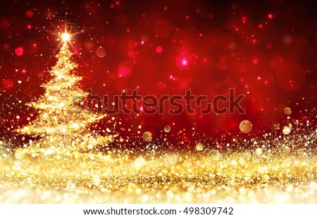 Shining Christmas Tree - Golden Glitter sparkling In The Red Background
