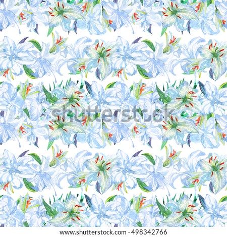 Floral pattern horizontal floral border. Watercolor lilies blossom pattern seamless.
