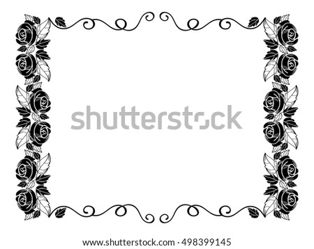 Vintage horizontal floral frame with roses silhouette. Black and white  design element for advertisements, flyer, web, wedding, invitations and greeting cards. Raster clip art.