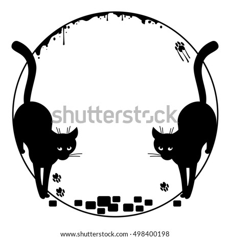 Round  frame with silhouette of a black stray cat. Raster clip art.