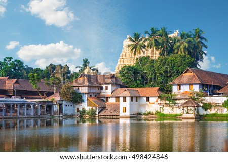 Padmanabhapuram Palace in front of Thiruvananthapuram, India - Padmanabhaswamy temple was built in the Dravidian style and principal deity Vishnu is enshrined in it lacated on temple pond Royalty-Free Stock Photo #498424846