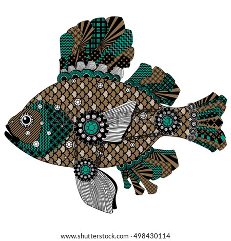 Colorful stylized fish in black, green and brown tones. Bitmap in cheap popular style.
