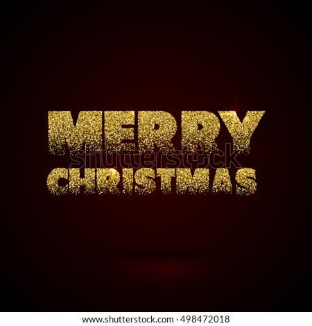 Christmas Card Gold Sparkles on Black Background. Falling Glitter and Calligraphy Greeting X-MAS Poster.