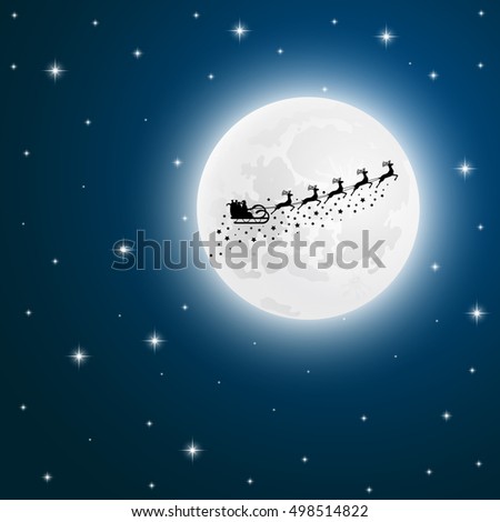 Santa Claus goes to sled reindeer in the background of the moon at night