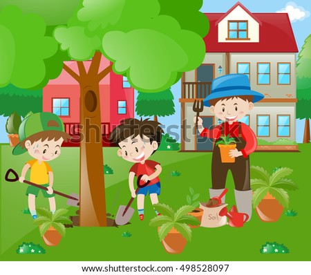 Children helping out in the garden illustration