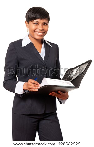 African American Businesswoman with notebook on White