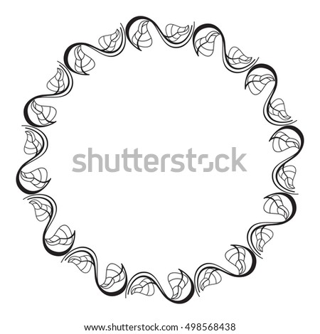 Black and white round outline frame with leaves. Raster clip art.