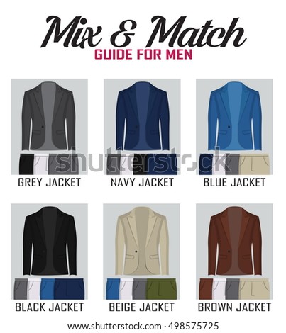 Color mix and match guide for men jacket and pants. Suitable and appropriate color match variations for various events, formal, business, casual and other. Royalty-Free Stock Photo #498575725