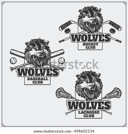 Lacrosse, baseball and hockey logos and labels. Sport club emblems with head of wolf.
