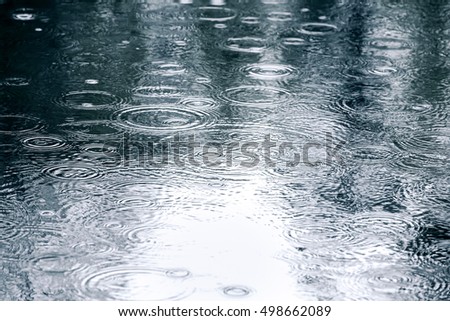 raindrops background with sky reflection and water circles on dark pavement 