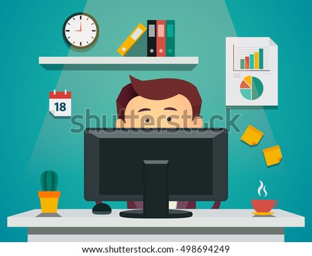 Cartoon man sitting on computer. Vector concept