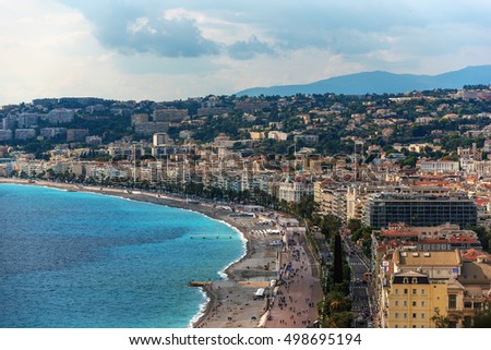 Nice, France: aerial panoramic top view of the old town and the Promenade des Anglais