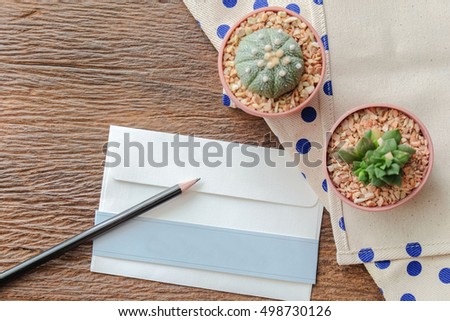 the  Letter  with cactus on the wooden table in Minimal Hipster style
