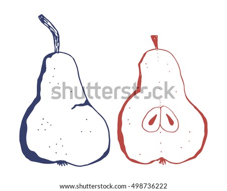 Hand draw sketch of blue and red pears on white background. Vector illustration for your design