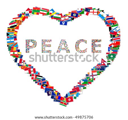 Illustration of heart with word PEACE inside, made from world flags, illustration
