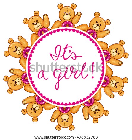 Round frame with Teddy Bears and originally drawn artistic text. Raster clip art.