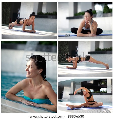 Collage of several pictures for sport.Young woman doing different exercises 