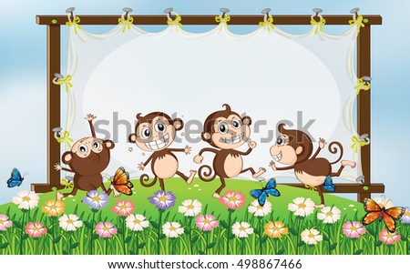 Frame design with four monkeys in field illustration