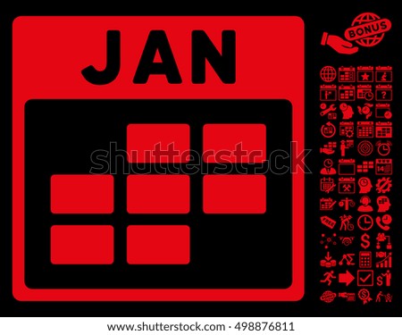 January Calendar Grid icon with bonus calendar and time management clip art. Vector illustration style is flat iconic symbols, red, black background.