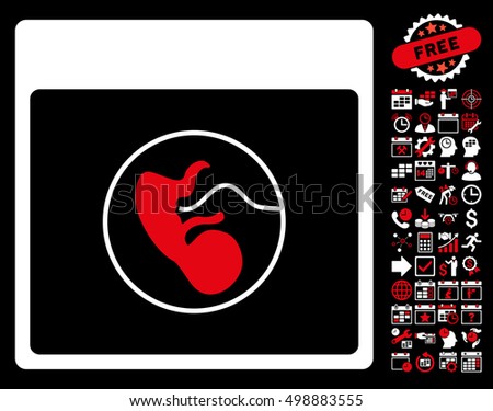 Human Embryo Calendar Page icon with bonus calendar and time management clip art. Vector illustration style is flat iconic symbols, red and white, black background.