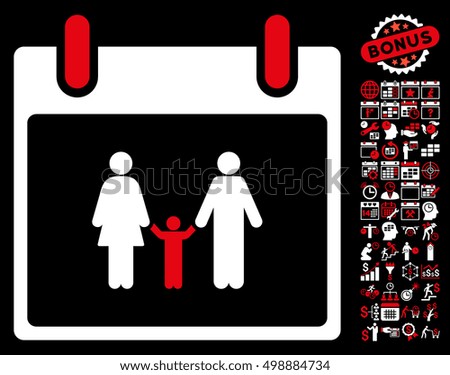 Family Calendar Day icon with bonus calendar and time management clip art. Vector illustration style is flat iconic symbols, red and white, black background.