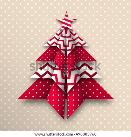 red and white origami tree on beige polka dot background, abstract christmas theme, vector illustration, eps 10 with transparency and gradient meshes