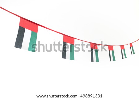 Isolated image of hanging UAE flag buntings in perspective.