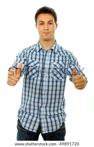young casual man going thumbs up, isolated in a white background