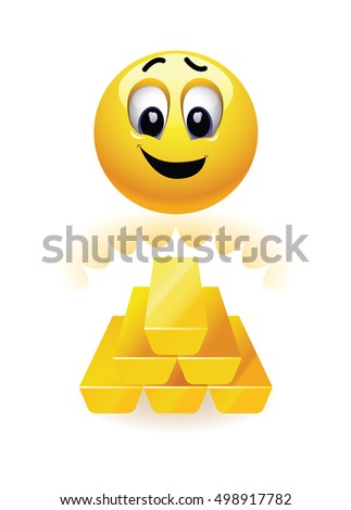 Smiley ball looking at gold bars. Money and wealth. Vector illustration.

