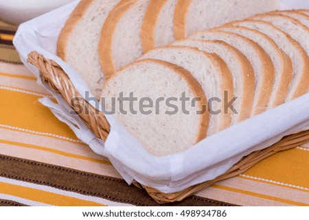 Sliced white bread loaf in the woven basket on yellow, brown tablecloth background, Closeup of white fresh bread.