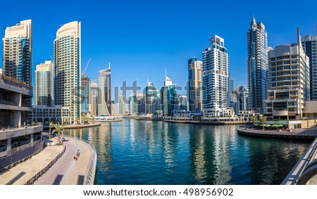 Panorama of Dubai Marina in a summer day, UAE Royalty-Free Stock Photo #498956902
